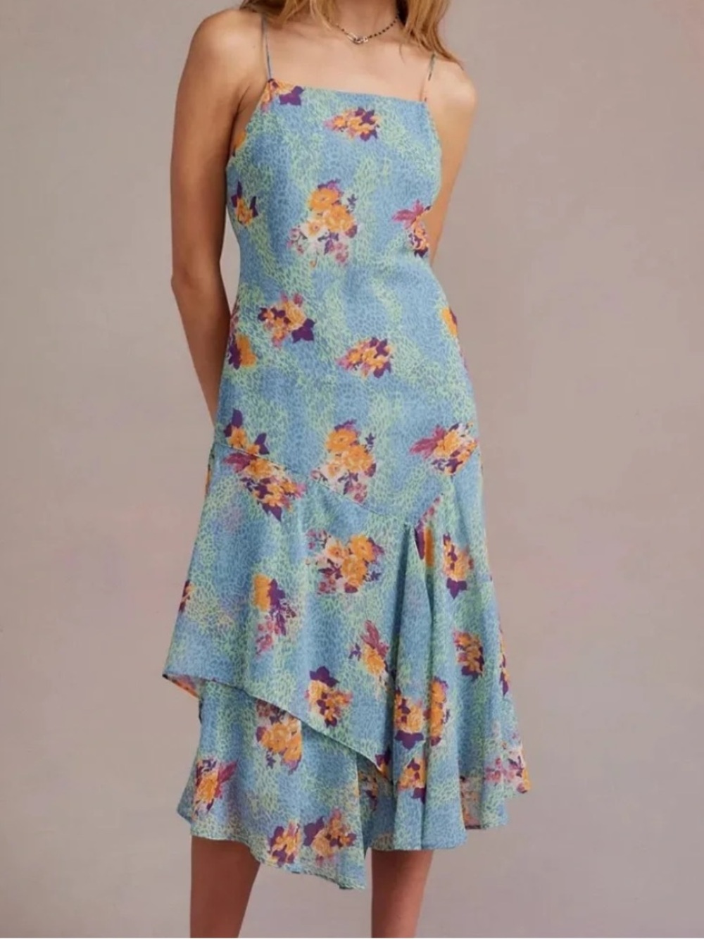 Blue Floral Ruffled Midi Dress - Like New
